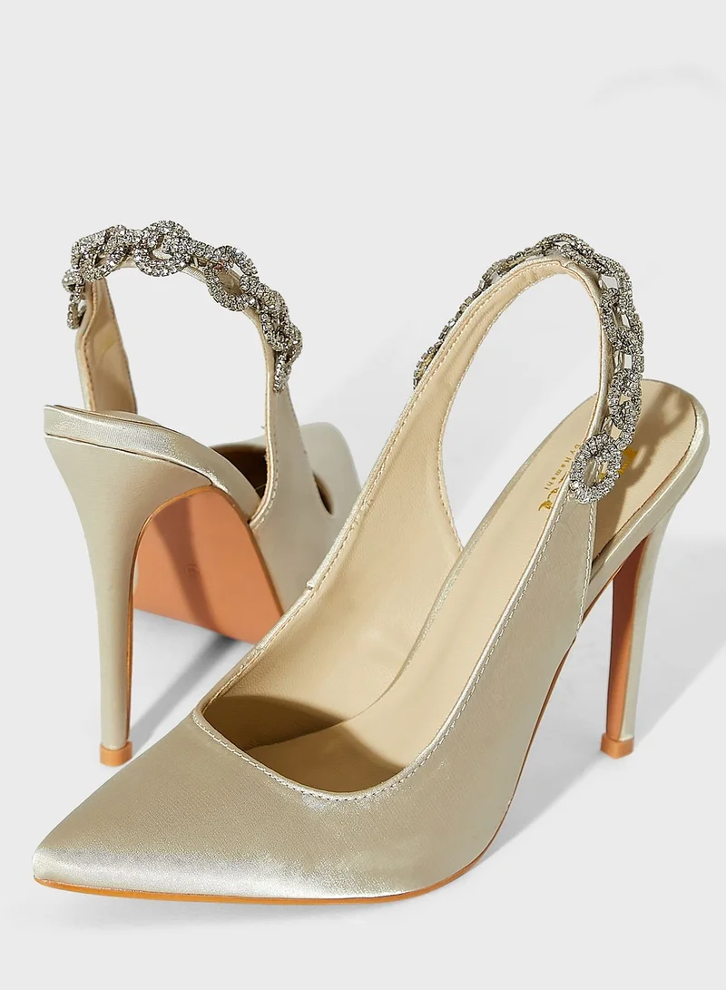 Ella Limited Edition Satin Jewelled Slingback Pointed Pump Champagne