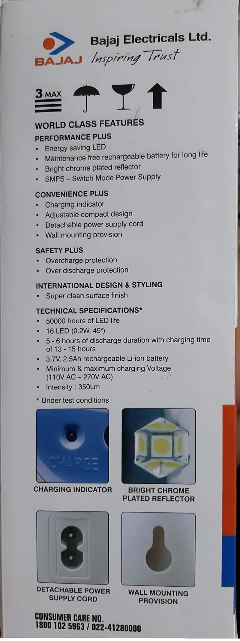 Bajaj ELX 36 LED Emergency Light 500Lm Rechargeable Lantern (Red) - Image 4