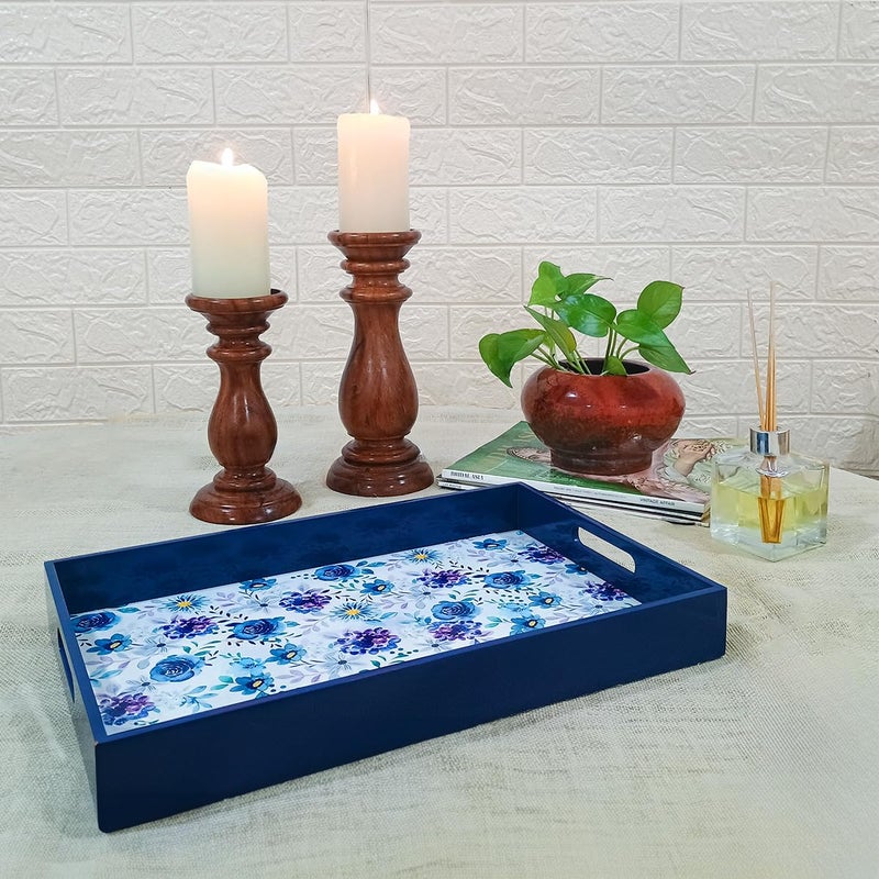 CRAFTSLANE Handcrafted Wooden Serving Tray | Fancy Serving Tray for Snacks, Tea, Coffee Table, Kitchen & Dining|Decorative Serving Tray with Handle|Rectangular Wooden Tray|Indigo Roses 15in - Image 2
