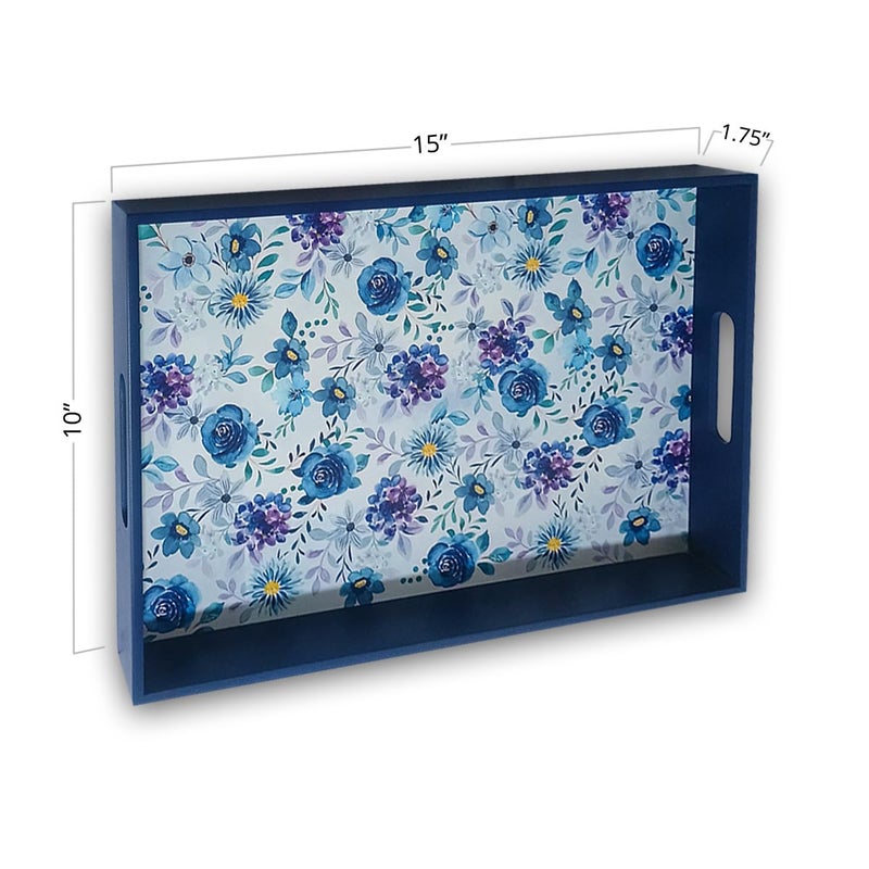 CRAFTSLANE Handcrafted Wooden Serving Tray | Fancy Serving Tray for Snacks, Tea, Coffee Table, Kitchen & Dining|Decorative Serving Tray with Handle|Rectangular Wooden Tray|Indigo Roses 15in - Image 5