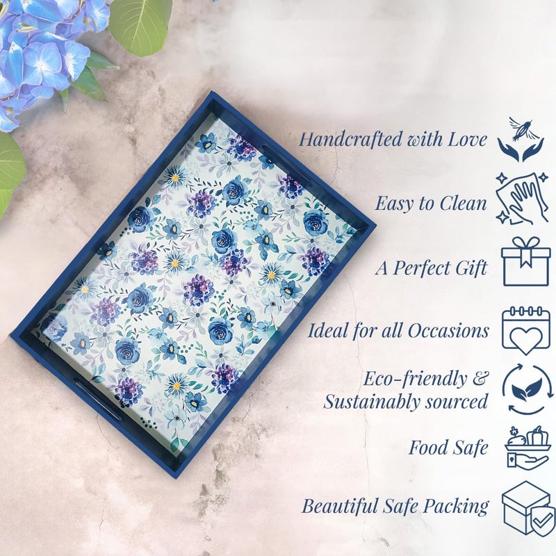 CRAFTSLANE Handcrafted Wooden Serving Tray | Fancy Serving Tray for Snacks, Tea, Coffee Table, Kitchen & Dining|Decorative Serving Tray with Handle|Rectangular Wooden Tray|Indigo Roses 15in - Image 3