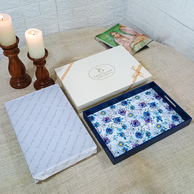 CRAFTSLANE Handcrafted Wooden Serving Tray | Fancy Serving Tray for Snacks, Tea, Coffee Table, Kitchen & Dining|Decorative Serving Tray with Handle|Rectangular Wooden Tray|Indigo Roses 15in - Image 1