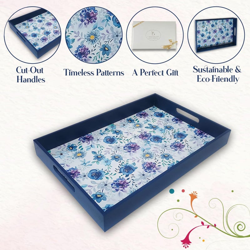 CRAFTSLANE Handcrafted Wooden Serving Tray | Fancy Serving Tray for Snacks, Tea, Coffee Table, Kitchen & Dining|Decorative Serving Tray with Handle|Rectangular Wooden Tray|Indigo Roses 15in - Image 4