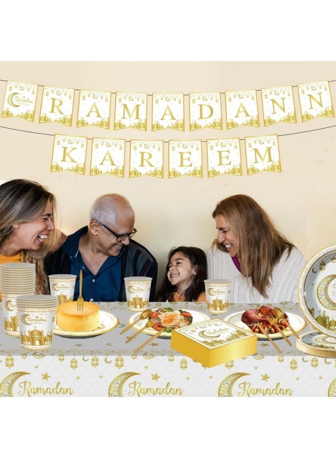101pcs Eid Mubarak Dinnerware Set 10 Person Ramadan Tableware Set Dinner Plates Cups Disposable Napkins Straws Knives Forks And Spoons Ramadan Tablecloth, Hanging Eid Mubarak Decorations (White) - Image 2