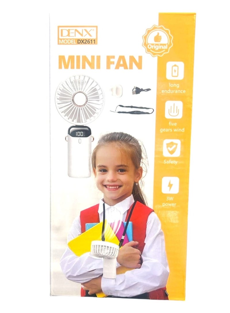 دينكس مروحة يدوية تعمل بالبطارية مع قاعدة وحزام للرقبة، وقت تشغيل 8 ساعات، شاشة رقمية، 5 سرعات قابلة للتعديل، 90 درجة، مروحة صغيرة قابلة لإعادة الشحن بقوة 3 وات، لون أزرق - Image 2