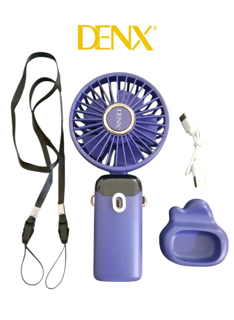 دينكس مروحة يدوية تعمل بالبطارية مع قاعدة وحزام للرقبة، وقت تشغيل 8 ساعات، شاشة رقمية، 5 سرعات قابلة للتعديل، 90 درجة، مروحة صغيرة قابلة لإعادة الشحن بقوة 3 وات، لون أزرق - Image 1