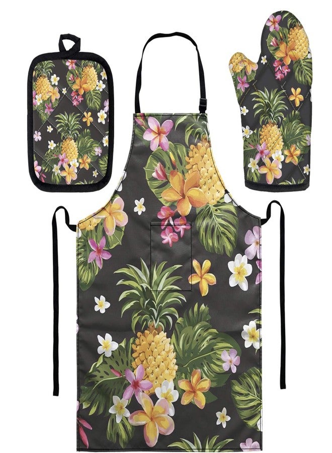 GLENLCWE Tropical Pineapple Floral Kitchen Apron with Oven Mitts and Pot Holders Set for Baking Cooking,Adjustable Apron with Pocket,Washable - Image 1