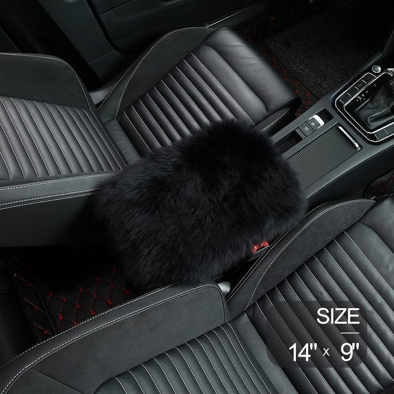 LLB Auto Center Console Cover Pad Universal Fit for SUV/Truck/Car, Genuine Sheepskin Wool Fur Car Armrest Seat Box Cover, Furry Fluffy Auto Armrest Cover Protector (Black) - Image 2