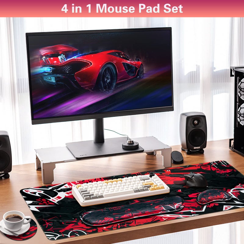 Canjoy Gaming Mouse Pad Set, 4-in-1 XXL Large Mouse Pad + Keyboard Wrist Rest Support+ Coaster, (35.4Ã—15.7 in) Extended Desk Pad Memory Foam Non-Slip Desk Mat for Home Office - Image 2