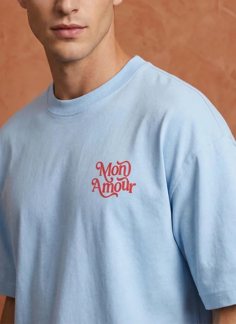 NOBERO Powder Blue Men Oversized Graphic Printed T-shirt for Men | Best Price UAE