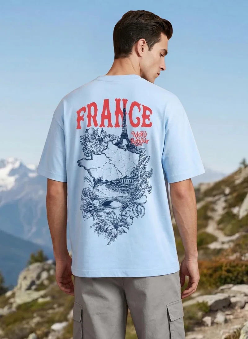 NOBERO Powder Blue Men Oversized Graphic Printed T-shirt for Men | Best Price UAE