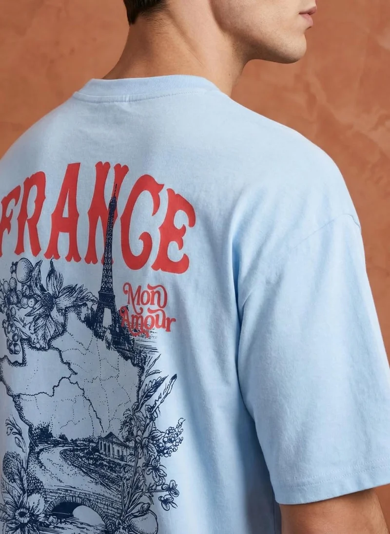 NOBERO Powder Blue Men Oversized Graphic Printed T-shirt for Men | Best Price UAE