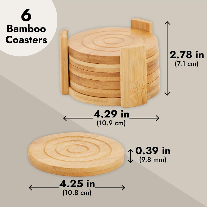 Juvale Coasters Set of 6-4.3-Inch Round Light Brown Bamboo Wood with Holder - Wooden Drink Coasters for Coffee Table Decor & Home Decor - Image 3
