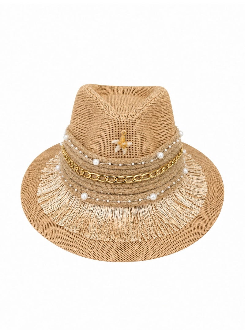 LIFESTYLISH Cowboy hat burlap Adorned with elegance accessories Q-3 - Coffee - Image 2