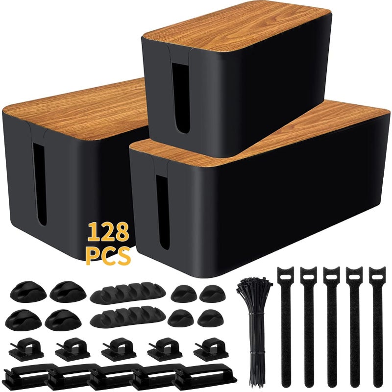 YUANYE Cable Management Box Cable Management Kit for Power Strip to Hide Wires,Cord Organizer Boxes,Safe ABS Material Wire Organizer of Cable Clips Sleeve for Home & Office,3Pack-128PCS /Black - Image 1