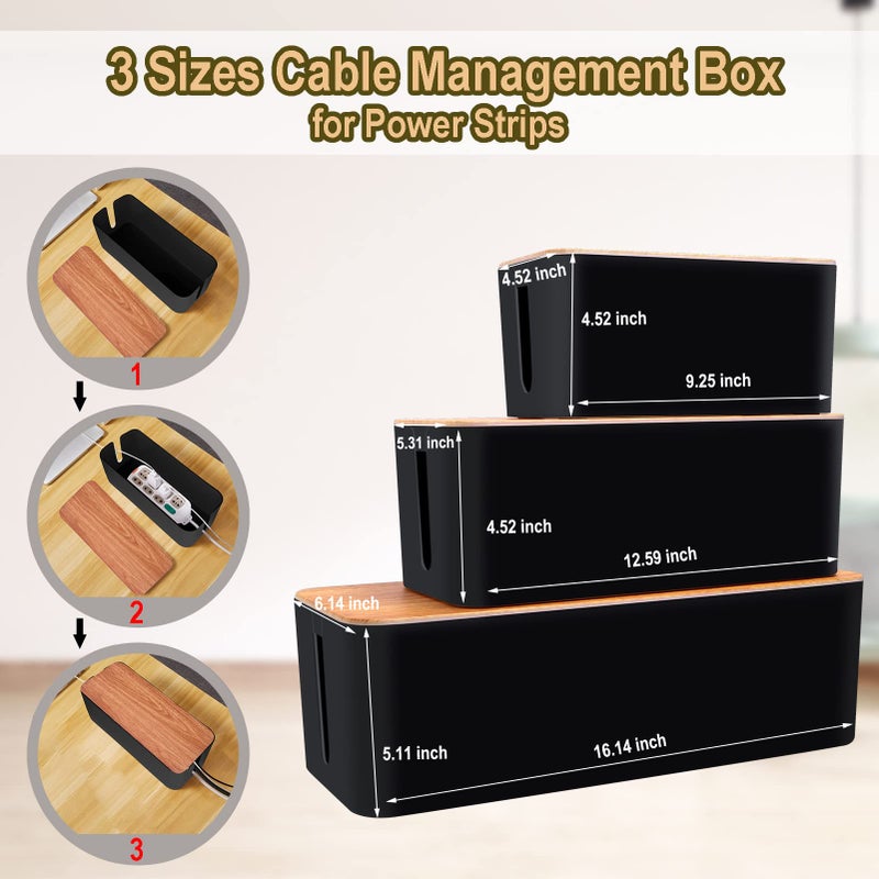 YUANYE Cable Management Box Cable Management Kit for Power Strip to Hide Wires,Cord Organizer Boxes,Safe ABS Material Wire Organizer of Cable Clips Sleeve for Home & Office,3Pack-128PCS /Black - Image 2