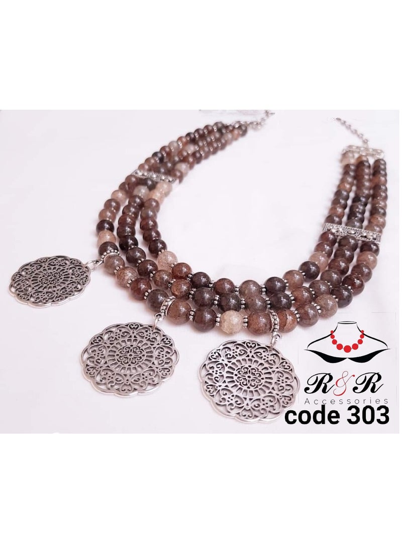R&R Multi-role women's necklace of mixed agate, brown, with multiple pendants