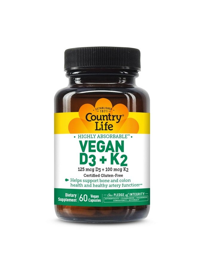 Country Life Vegan D3 + K2 - 5000 IU Vitamin D3 & 100 mcg MK-4 & MK-7 | Supports Bone, Immune, Colon & Artery Health | Certified Vegan, Gluten-Free, B-Corp, 60 Capsules - Image 1