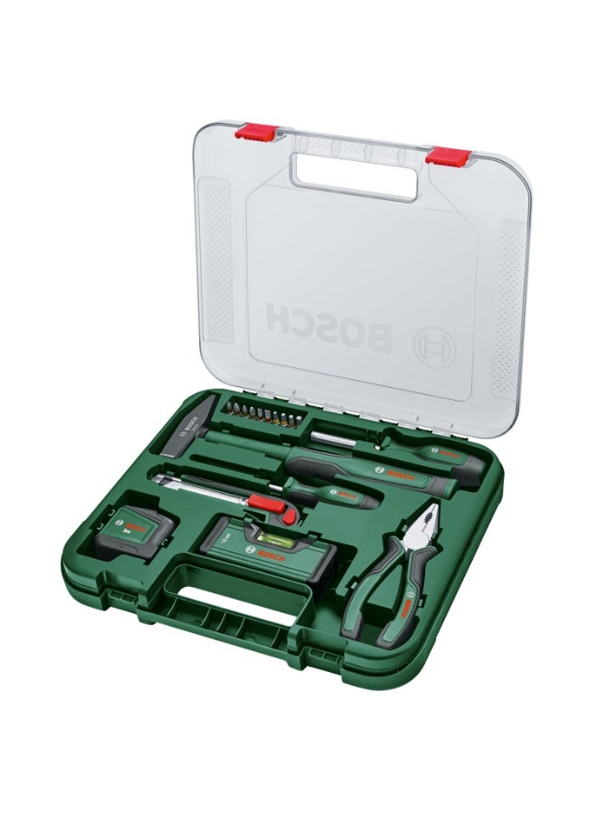 BOSCH Universal 17-Piece Hand Tool Set - All-in-One Toolkit with Plier, Screwdrivers, Hammer, Tape Measure, Spirit Level, Knife, Awl, 10 Bits, Durable Case with Ergonomic Comfort - Image 1