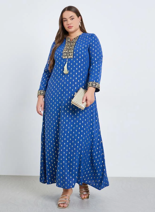 Amirah Plus Size Foil Print Jalabiya with Tassel Trim