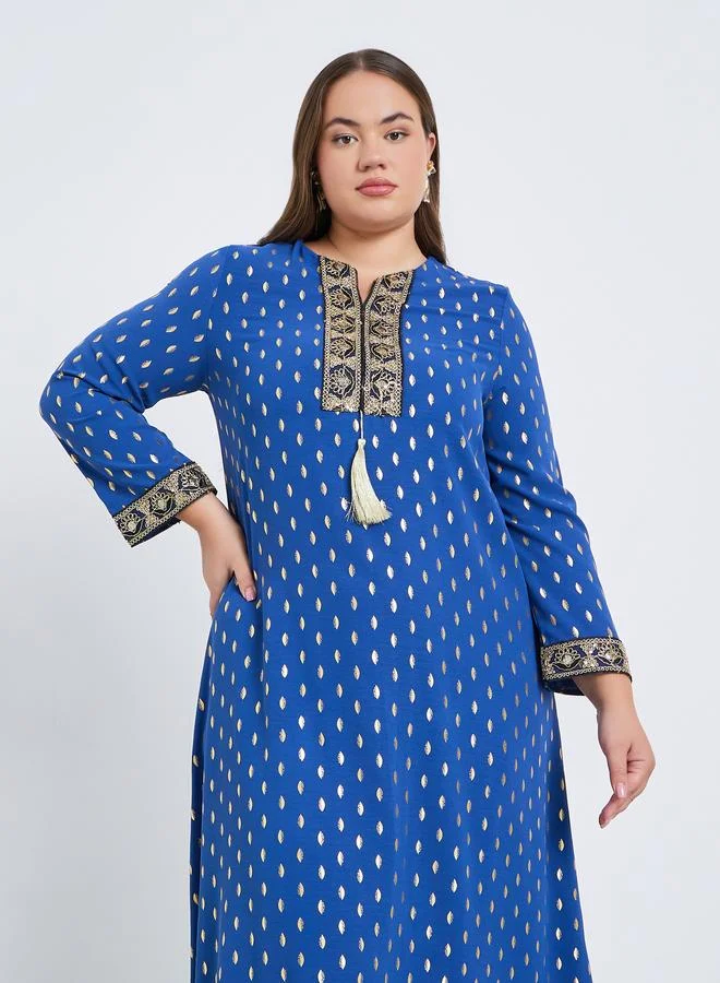 Amirah Plus Size Foil Print Jalabiya with Tassel Trim