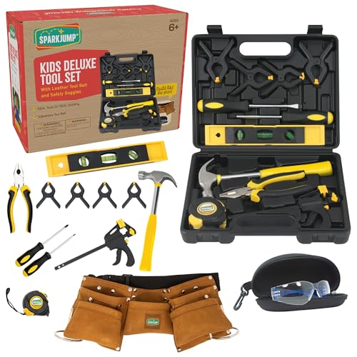 SparkJump Deluxe Kids Tool Set Real Tools with Tool Belt Tool Box Beginner Tool Kit for Boys Girls Ages 6 Up Brown Ultimate Tool Set - Image 1
