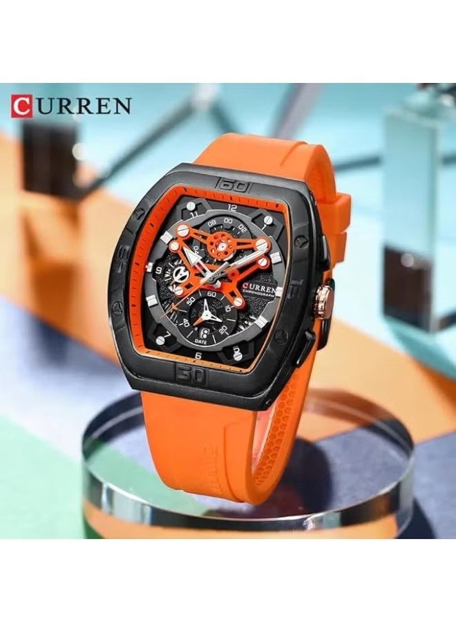 CURREN ساعة كيرين 8443 للرجال كوارتز رياضية بحزام سيليكون هيكل سبائك أزياء متعددة الوظائف ساعة يد مقاومة للخدش زجاج 3ATM عرض مضيء كرونوغراف تقويم تاريخ ساعات برتقالية - Image 3