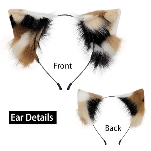 QinRuan Animal Cosplay Costume Accessories Furry Faux Fur Cat Ears Headband and Fox Tail Set Halloween Accessory - Image 3