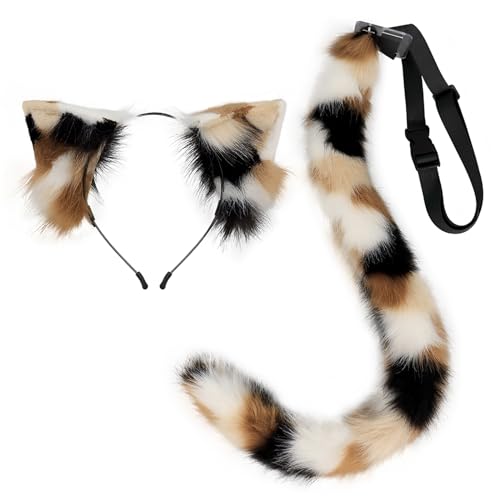 QinRuan Animal Cosplay Costume Accessories Furry Faux Fur Cat Ears Headband and Fox Tail Set Halloween Accessory - Image 2