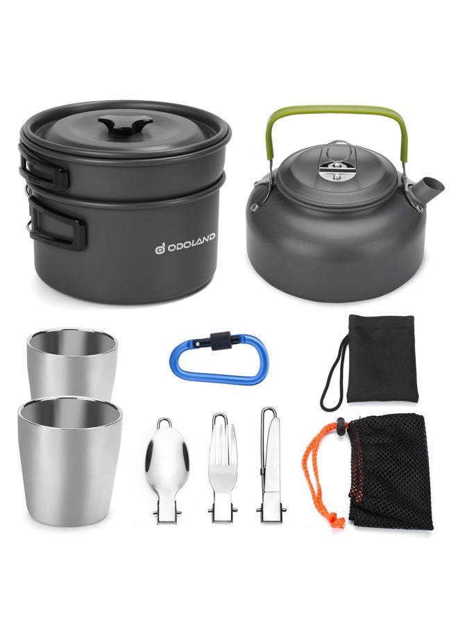 Odoland 10pcs Camping Cookware Mess Kit, Lightweight Pot Pan Kettle with 2 Cups, Fork Knife Spoon Kit for Backpacking, Outdoor Camping Hiking and Picnic - Image 1