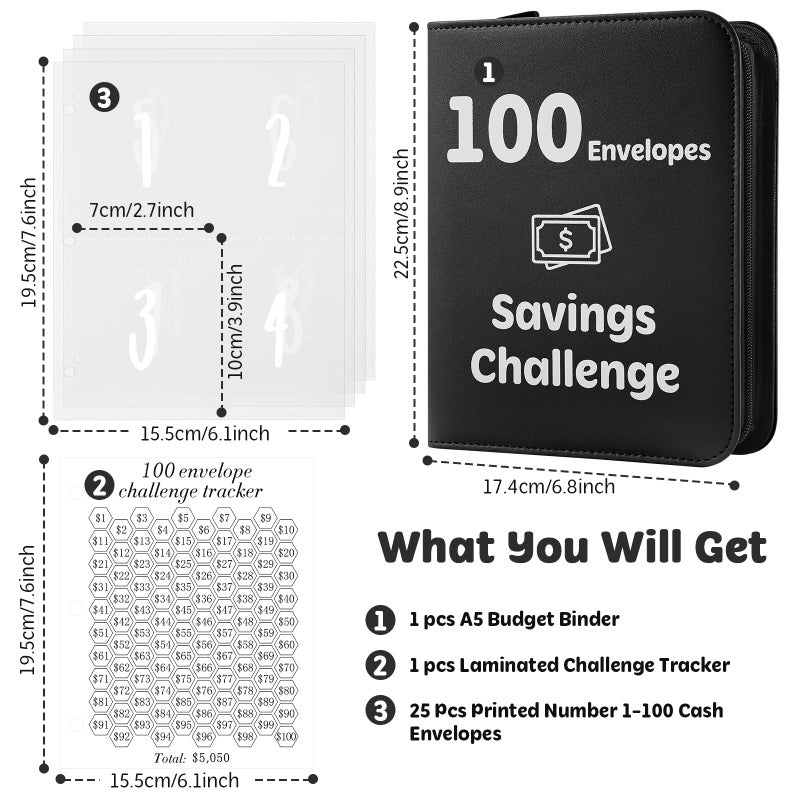 Pemocyny 100 Envelopes Money Challenge Binder with Laminated Tracker, Budget Binder with Cash Envelopes, Savings Book with Zipper to Save $5,050 (Black) - Image 2