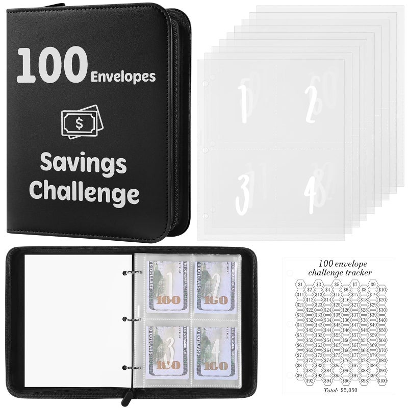 Pemocyny 100 Envelopes Money Challenge Binder with Laminated Tracker, Budget Binder with Cash Envelopes, Savings Book with Zipper to Save $5,050 (Black) - Image 1