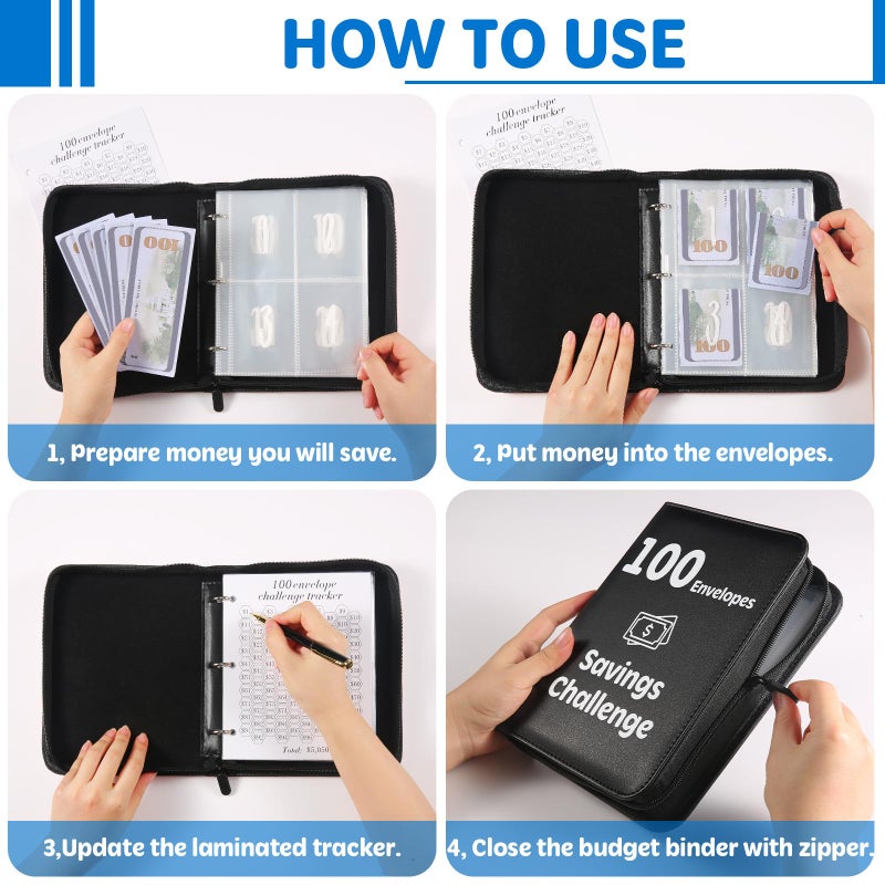 Pemocyny 100 Envelopes Money Challenge Binder with Laminated Tracker, Budget Binder with Cash Envelopes, Savings Book with Zipper to Save $5,050 (Black) - Image 5