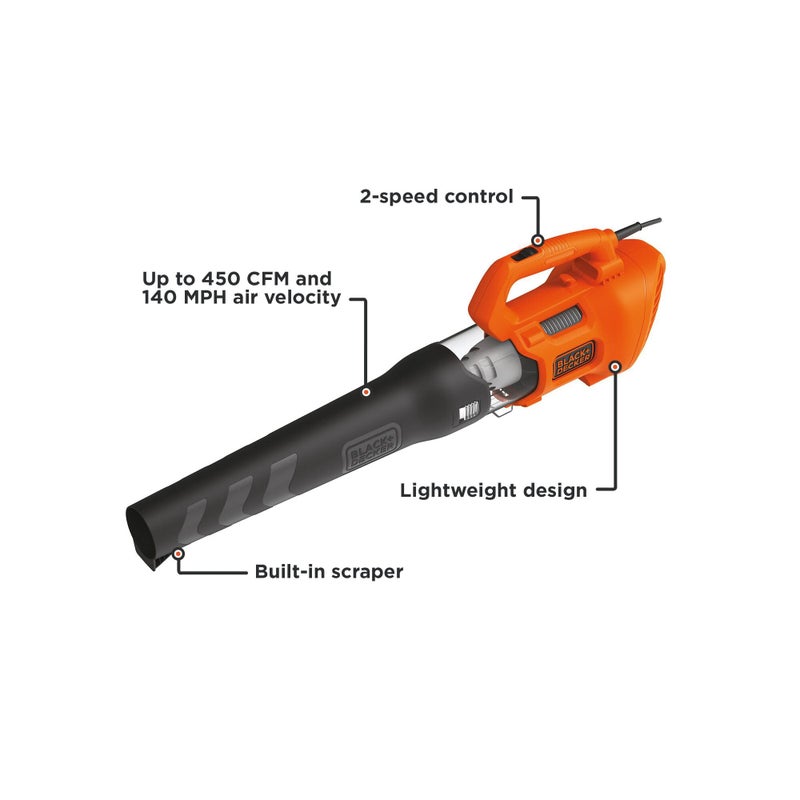 BLACK+DECKER BLACK + DECKER Electric Leaf Blower, Hand Held Blowers for Lawn Care, Up to 450 CFM and 140 MPH Power, Axial, Lightweight, Corded (BEBL750) - Image 2