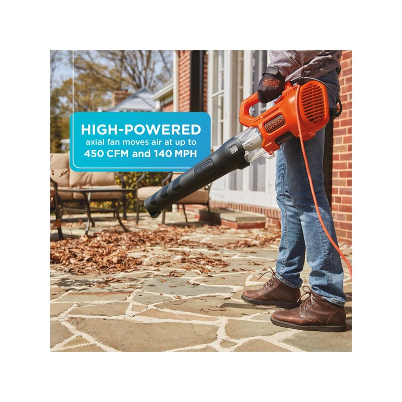 BLACK+DECKER BLACK + DECKER Electric Leaf Blower, Hand Held Blowers for Lawn Care, Up to 450 CFM and 140 MPH Power, Axial, Lightweight, Corded (BEBL750) - Image 3