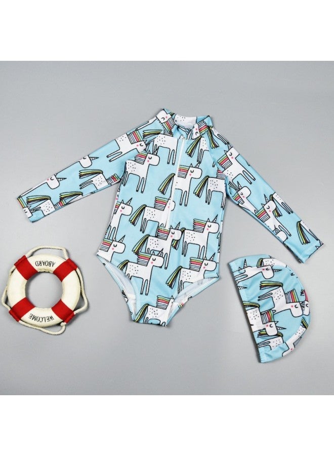 إسكدنيا ملابس سباحة للأطفال قطعة واحدة للفتيات بأكمام طويلة واقي من الشمس سريع الجفاف للفتيات اللطيفات ملابس سباحة كورية ربيعية ساخنة - اللون: 9605 مقاس وحيد القرن: M - Image 1