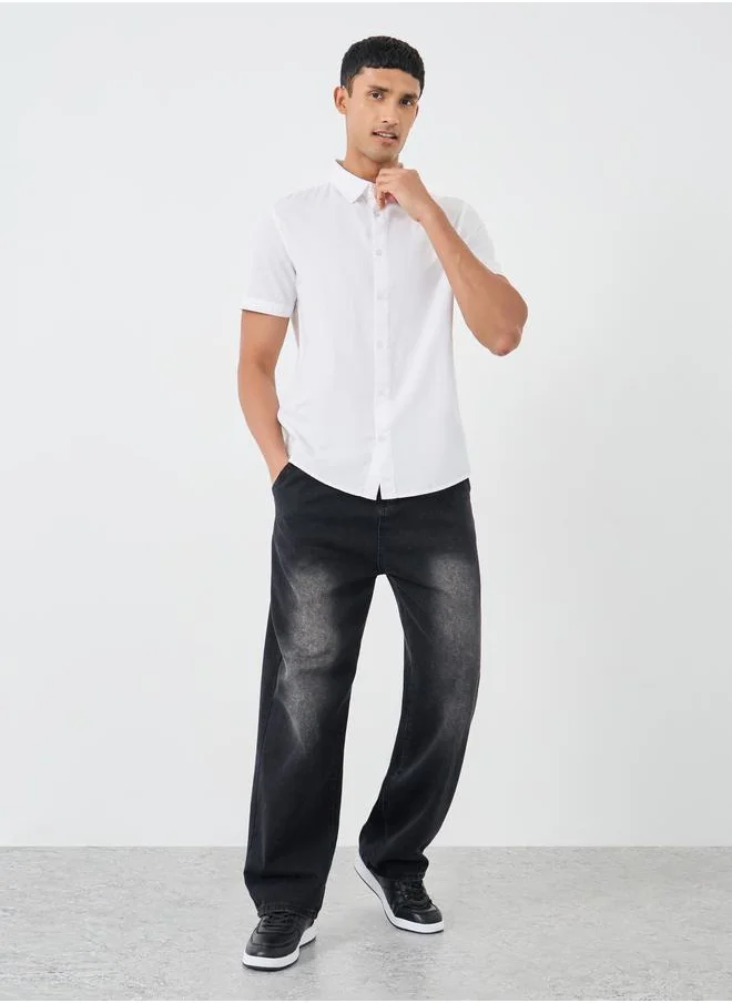 Styli Styli Solid Woven Regular Fit Short Sleeve Shirt
