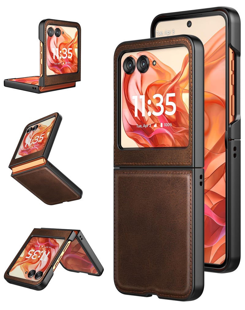 Foluu for Motorola Razr 2024/2025 Case, Leather + Hard PC Shell Ultra Thin Slim Durable Protective Phone Case Cover (Brown) - Image 1