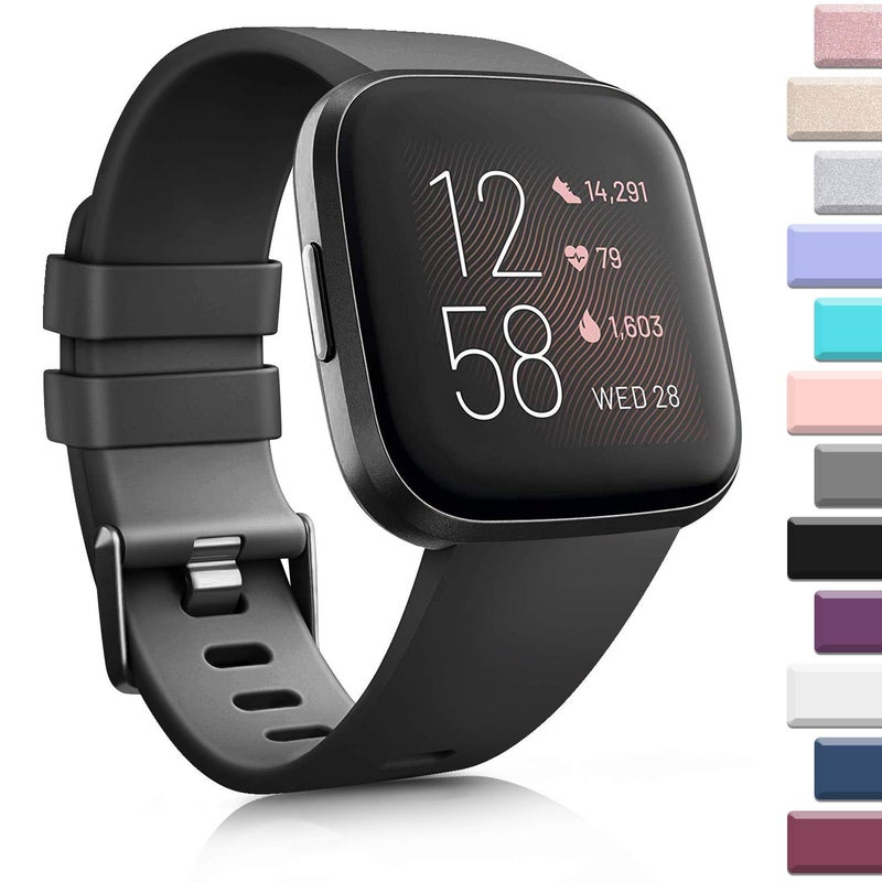 AK Sports Bands Compatible for Fitbit Versa 2/Versa, Soft Elastomer Multi-colors Replacement Wristbands for Fitbit Versa 2 Smart Watch (Black, Small) - Image 1
