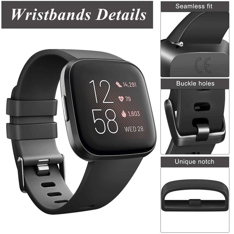 AK Sports Bands Compatible for Fitbit Versa 2/Versa, Soft Elastomer Multi-colors Replacement Wristbands for Fitbit Versa 2 Smart Watch (Black, Small) - Image 2