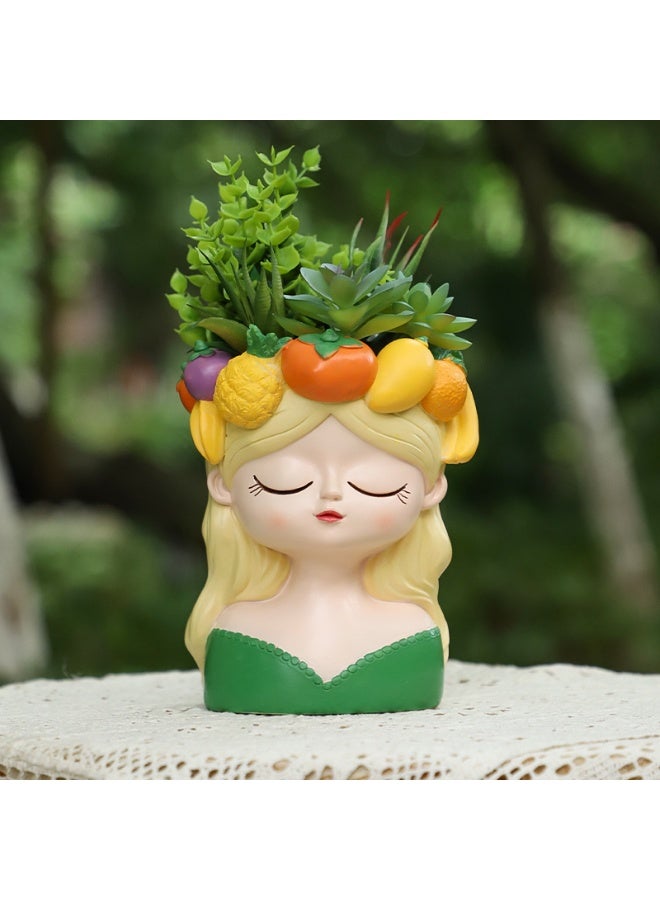 بيرام فتاة مزخرفة مع تاج فاكهة، وعاء زهور من البولي ريزين الأخضر للنباتات العصارية للاستخدام الداخلي والخارجي، طاولة مكتب منزلية، ديكور مكتب، حامل قلم رصاص، مجموعة أدوات نشر