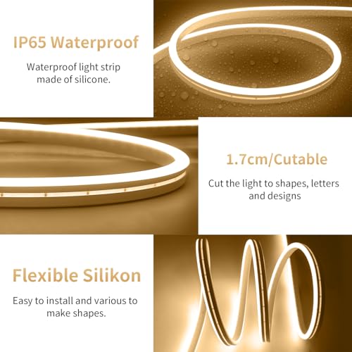 iNextStation 12V Warm White LED Strip Lights 16.4FT, Flexible Silicone Neon Rope Light, Waterproof, Cuttable, Dimmable & Linkable, for Cabinet, Ceiling, Wall, Bedroom, Kitchen, Garage (No Adapter) - Image 3