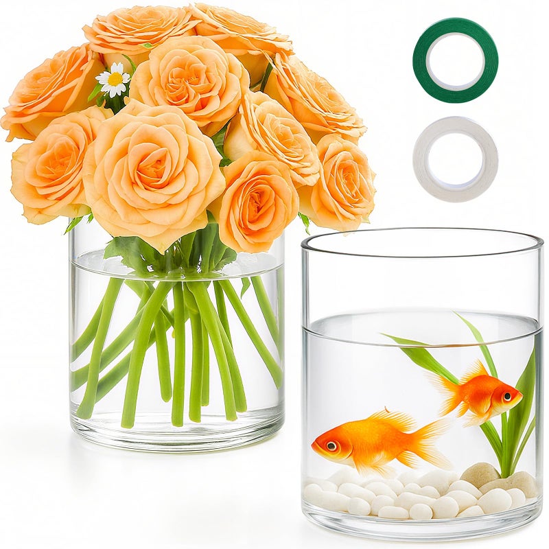 TBWIND 2Pcs Glass Cylinder Vases for Centerpieces, 6" x 4.7" Wide Mouth Flower Vase Hurricane Glass Candle Holders, Clear Vases Bulk with 2 Floral Tapes for Floating Candles Wedding Party Home Decor - Image 1