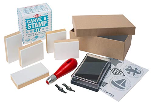Essdee Block Printing Stamp Making Kit Includes 2 Lino Cutters Lino Handle 5 Wood Mounted Blocks Ink Pad and Leaflet Including Stamp Design Used in Art Craft and Carving Stamps Made from UK - Image 1