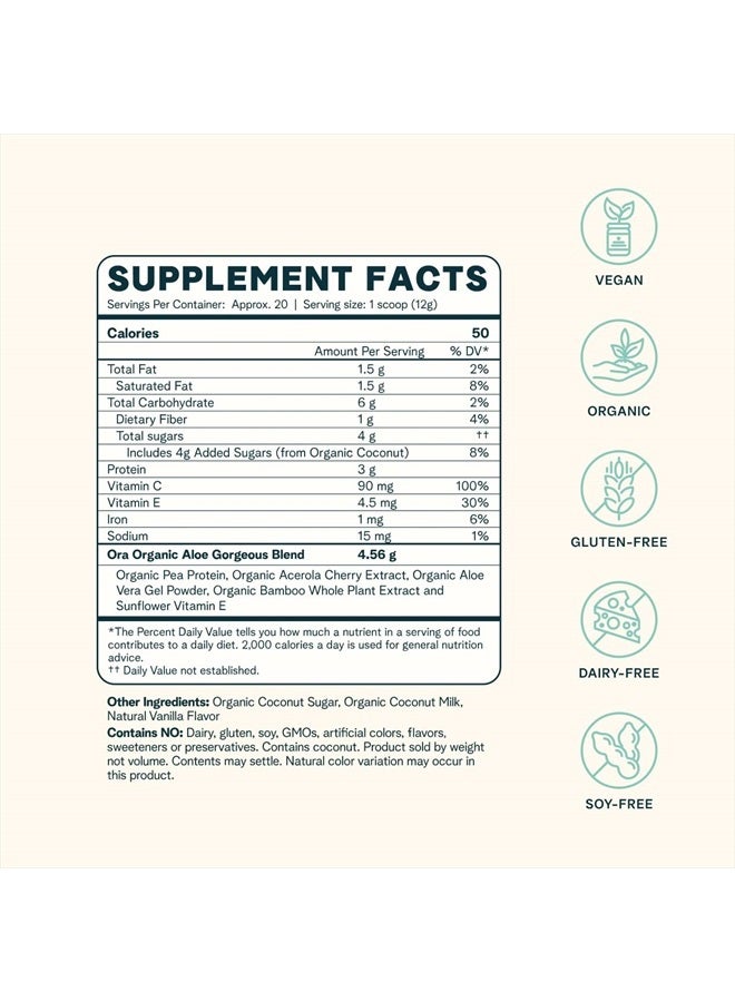 Ora Organic مسحوق تعزيز الكولاجين النباتي للنساء والرجال - دعم الشعر والبشرة والأظافر - سيليكا البامبو، بروتين نباتي، فيتامين سي العضوي، صبار الألوة - نكهة الفانيليا، 20 حصة - Image 1
