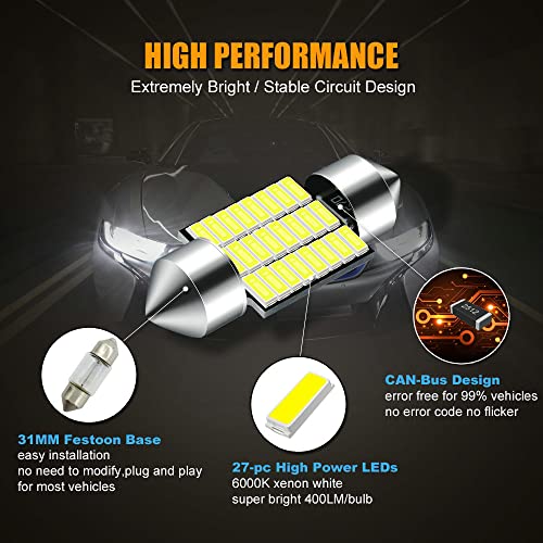 EBAIFUN 31mm DE3175 Led Bulb White 6000K 12V Super Bright Festoon Light 3175 DE3021 DE3022 Application for Car Interior Reading Map Dome Courtesy Door License Plate Light etc Pack of 10 - Image 4