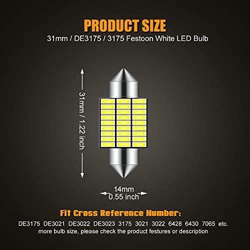 EBAIFUN 31mm DE3175 Led Bulb White 6000K 12V Super Bright Festoon Light 3175 DE3021 DE3022 Application for Car Interior Reading Map Dome Courtesy Door License Plate Light etc Pack of 10 - Image 2