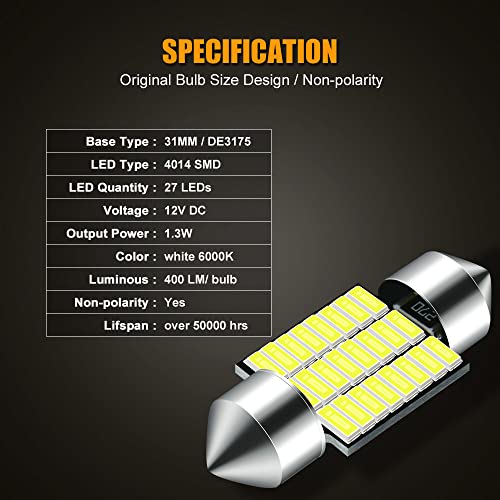 EBAIFUN 31mm DE3175 Led Bulb White 6000K 12V Super Bright Festoon Light 3175 DE3021 DE3022 Application for Car Interior Reading Map Dome Courtesy Door License Plate Light etc Pack of 10 - Image 3
