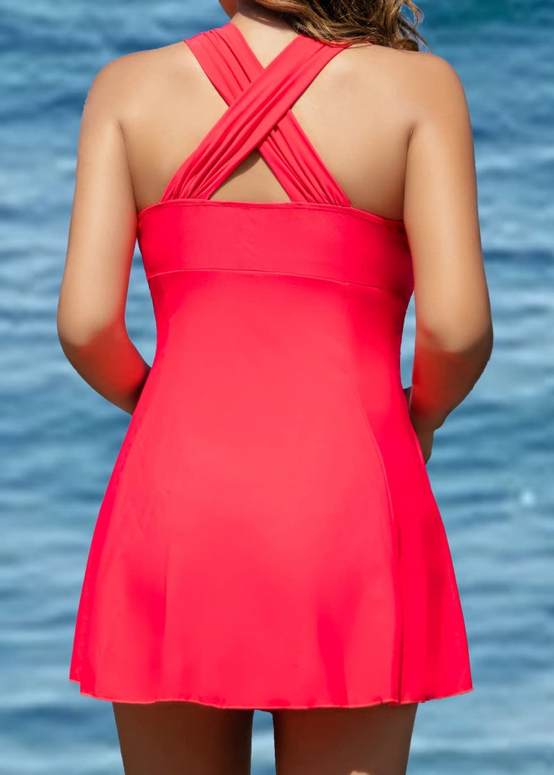COCOPEAR Women's Elegant Crossover One Piece Swimdress Floral Skirted Swimsuit HotPink 2XL/14-16 - Image 3