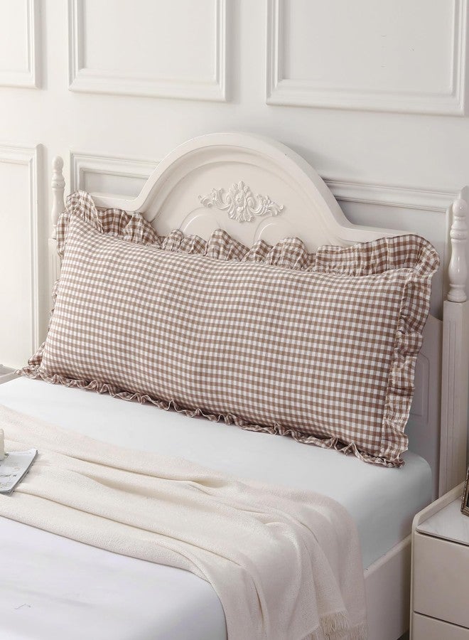 Silnuo Taupe/White Plaid Ruffled Body Pillow Cover Washed Cotton Farmhouse Checkered Gingham 1 Piece Pillowcase for Living Room 20"x54" - Image 1